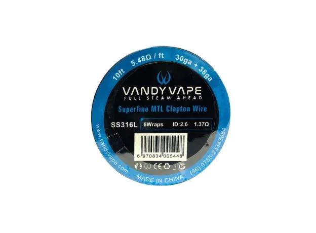 VandyVape SS316L Superfine MTL Clapton Wire 30ga+38ga - 10ft - 5.48ohm/ft